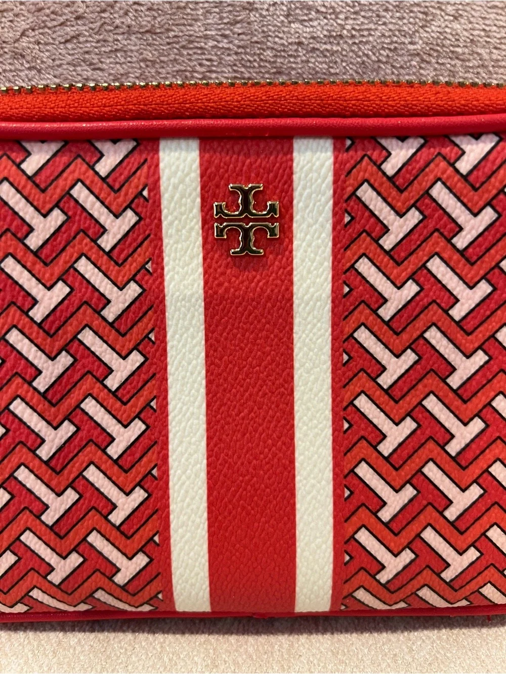 Tory Burch Redish orange and White Patterned wristlet